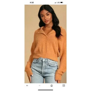 NWT Lulus Cozy Delights Camel Eyelash Knit Pullover Cropped Sweater Size XS